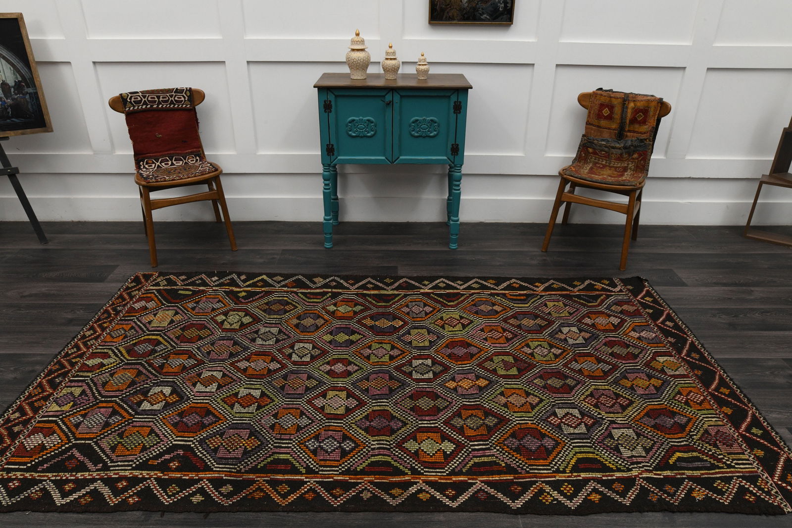 5x9 Black Colorful TURKISH Flatweave Kilim: Title: 5x9 Black Colorful TURKISH Flatweave Kilim Description: This Turkish one-of-a-kind Vintage Flatweave Kilim Rug is hand-knotted and handwoven by the most skilled artisans who use pure wool, in