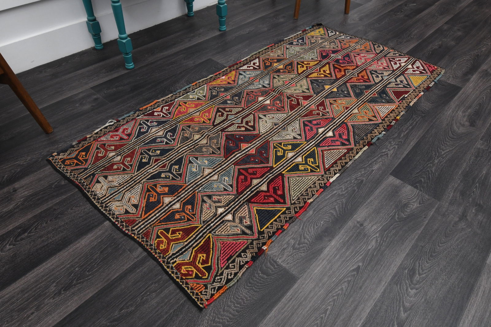 3x6.3 ft VINTAGE Rug, Turkish: Title: 3x6.3 ft VINTAGE Rug, Turkish Description: This Turkish one-of-a-kind Vintage Flatweave Kilim Rug is hand-knotted and handwoven by the most skilled artisans who use pure wool, in vibrant,