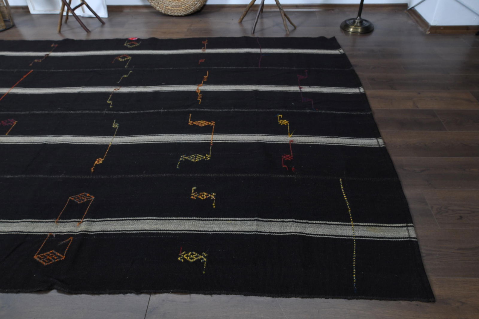 6'4x8'5 ft, BLACK STRIPED RUG: Title: 6'4x8'5 ft, BLACK STRIPED RUG Description: This Turkish one-of-a-kind Vintage Flatweave Kilim Rug is hand-knotted and handwoven by the most skilled artisans who use pure wool, in vibrant,