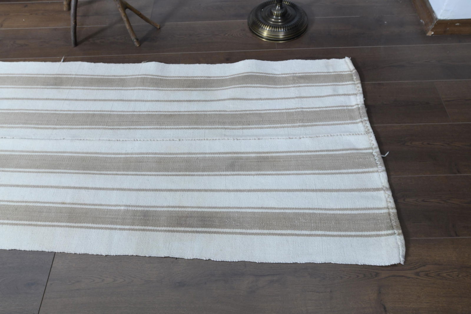 2.4x10.9 ft, WHITE BROWN RUNNER: Title: 2.4x10.9 ft, WHITE BROWN RUNNER Description: This Turkish one-of-a-kind Vintage Flatweave Kilim Rug is hand-knotted and handwoven by the most skilled artisans who use pure wool, in vibrant,