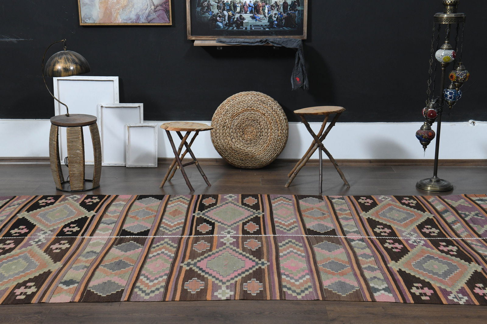 5'3x12'3 ft, COLORFUL RUNNER RUG: Title: 5'3x12'3 ft, COLORFUL RUNNER RUG Description: This Turkish one-of-a-kind Vintage Flatweave Kilim Rug is hand-knotted and handwoven by the most skilled artisans who use pure wool, in vibrant,