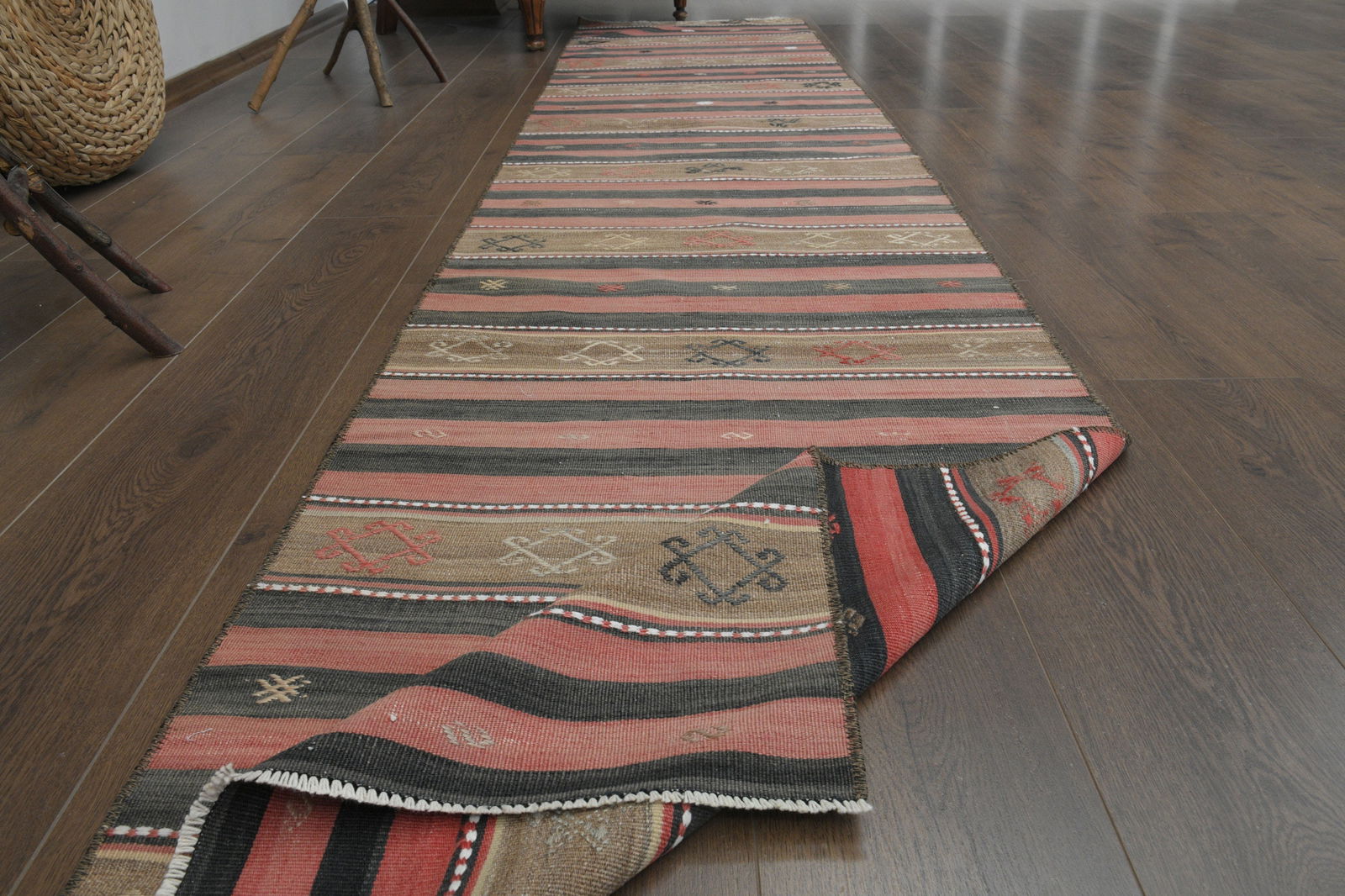 2'3x10'7 ft, STRIPED RUNNER RUG: Title: 2'3x10'7 ft, STRIPED RUNNER RUG Description: This Turkish one-of-a-kind Vintage Flatweave Kilim Rug is hand-knotted and handwoven by the most skilled artisans who use pure wool, in vibrant,