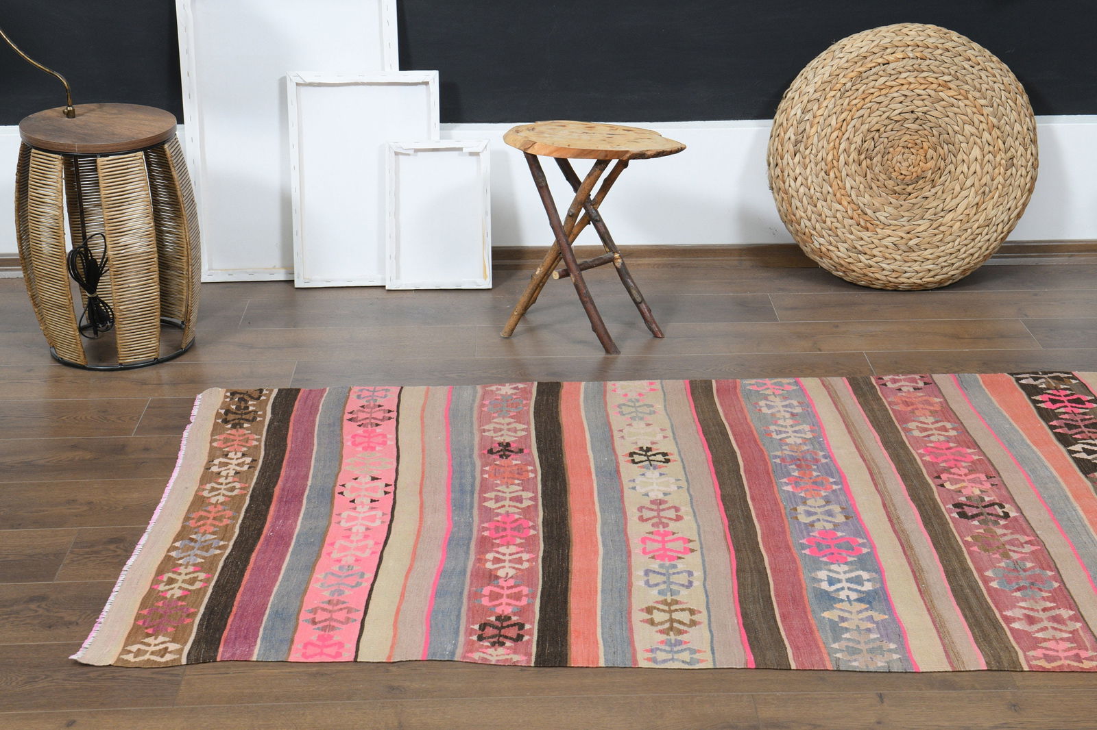 3'7x10'3 ft, SWEET DREAMS, Pink Deco: Title: 3'7x10'3 ft, SWEET DREAMS, Pink Deco Description: This Turkish one-of-a-kind Vintage Flatweave Kilim Rug is hand-knotted and handwoven by the most skilled artisans who use pure wool, in