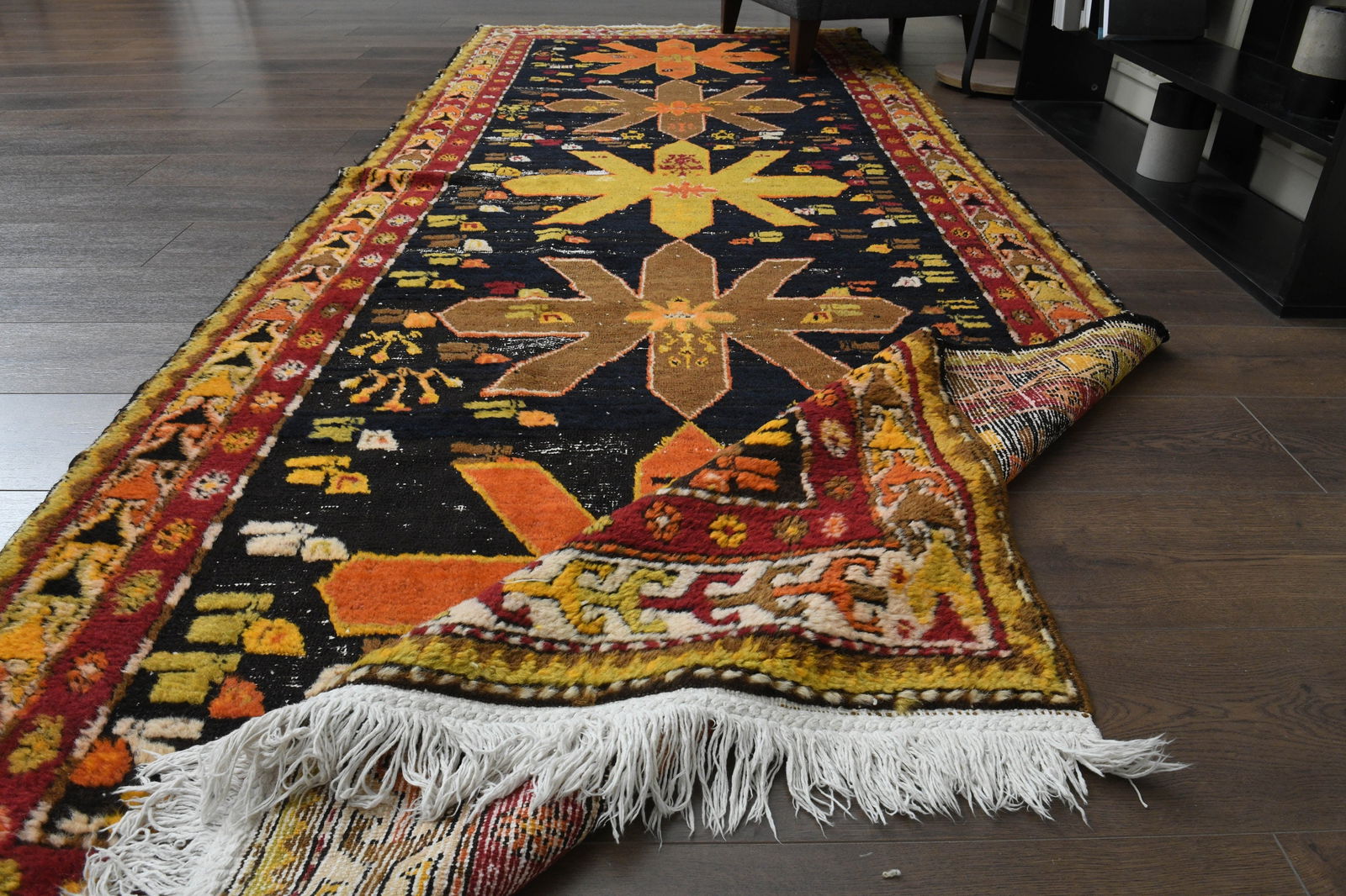 4'2x10'8 ft, COLORFUL KILIM RUNNER: Title: 4'2x10'8 ft, COLORFUL KILIM RUNNER Description: This Turkish one-of-a-kind Vintage Flatweave Kilim Rug is hand-knotted and handwoven by the most skilled artisans who use pure wool, in vibrant,