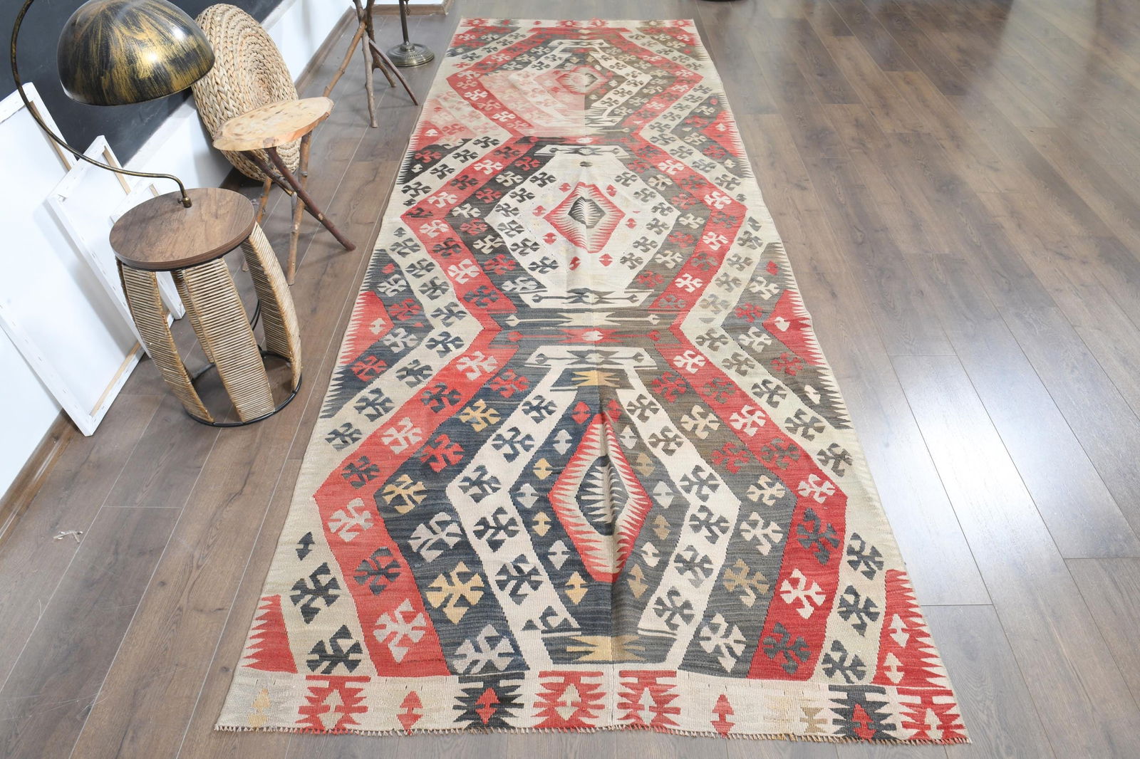 4'3x13'1 ft, TURKISH VINTAGE RUNNER: Title: 4'3x13'1 ft, TURKISH VINTAGE RUNNER Description: This Turkish one-of-a-kind Vintage Flatweave Kilim Rug is hand-knotted and handwoven by the most skilled artisans who use pure wool, in