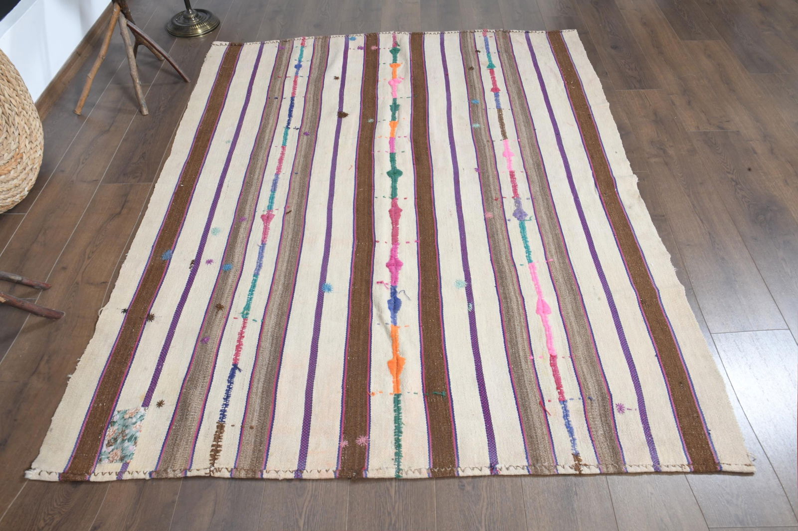5'4x7 ft, STRIPED KILIM RUG, Flatweave: Title: 5'4x7 ft, STRIPED KILIM RUG, Flatweave Description: This Turkish one-of-a-kind Vintage Flatweave Kilim Rug is hand-knotted and handwoven by the most skilled artisans who use pure wool, in