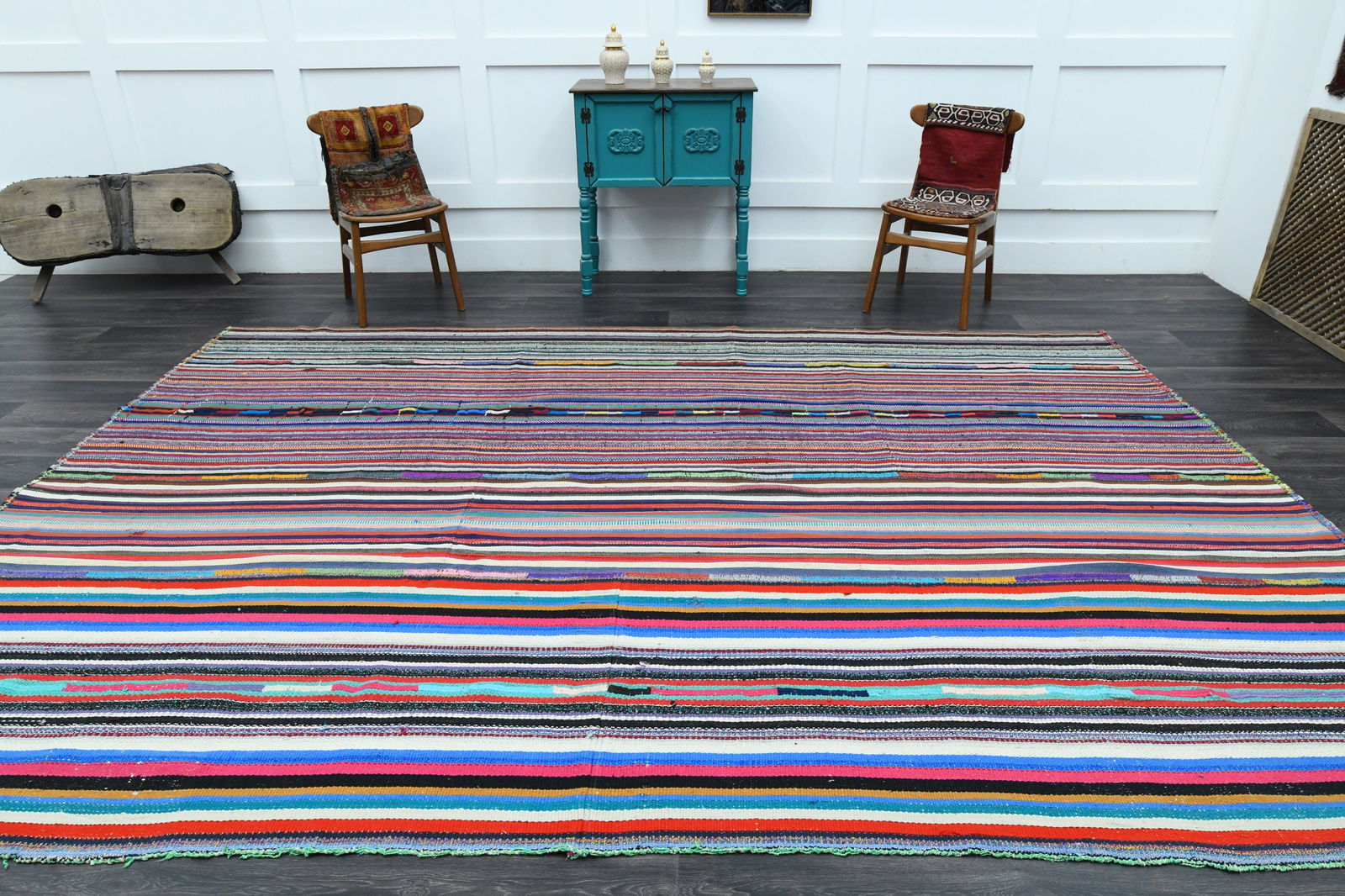 9x12 TURKISH KILIM Rug: Title: 9x12 TURKISH KILIM Rug Description: This Turkish one-of-a-kind Vintage Flatweave Kilim Rug is hand-knotted and handwoven by the most skilled artisans who use pure wool, in vibrant, natural
