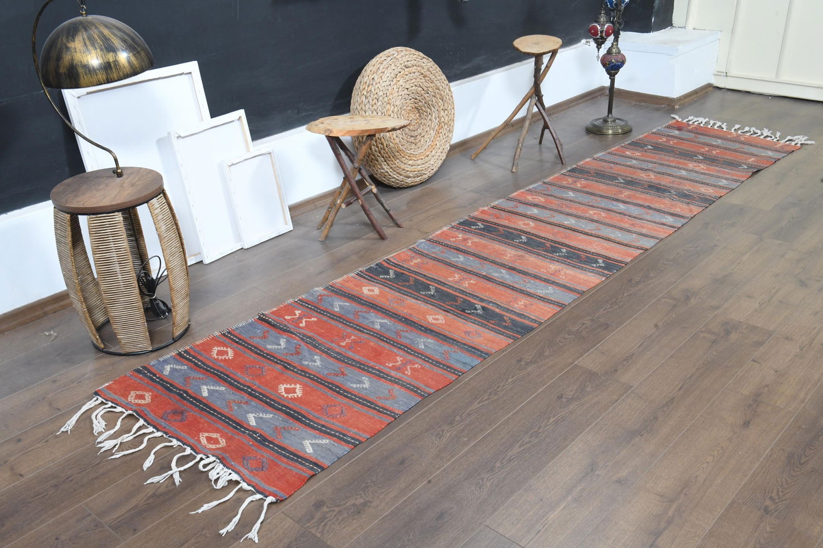 2'4x11'1 ft, ORANGE BLUE STRIPED, Kilim Runner - 9