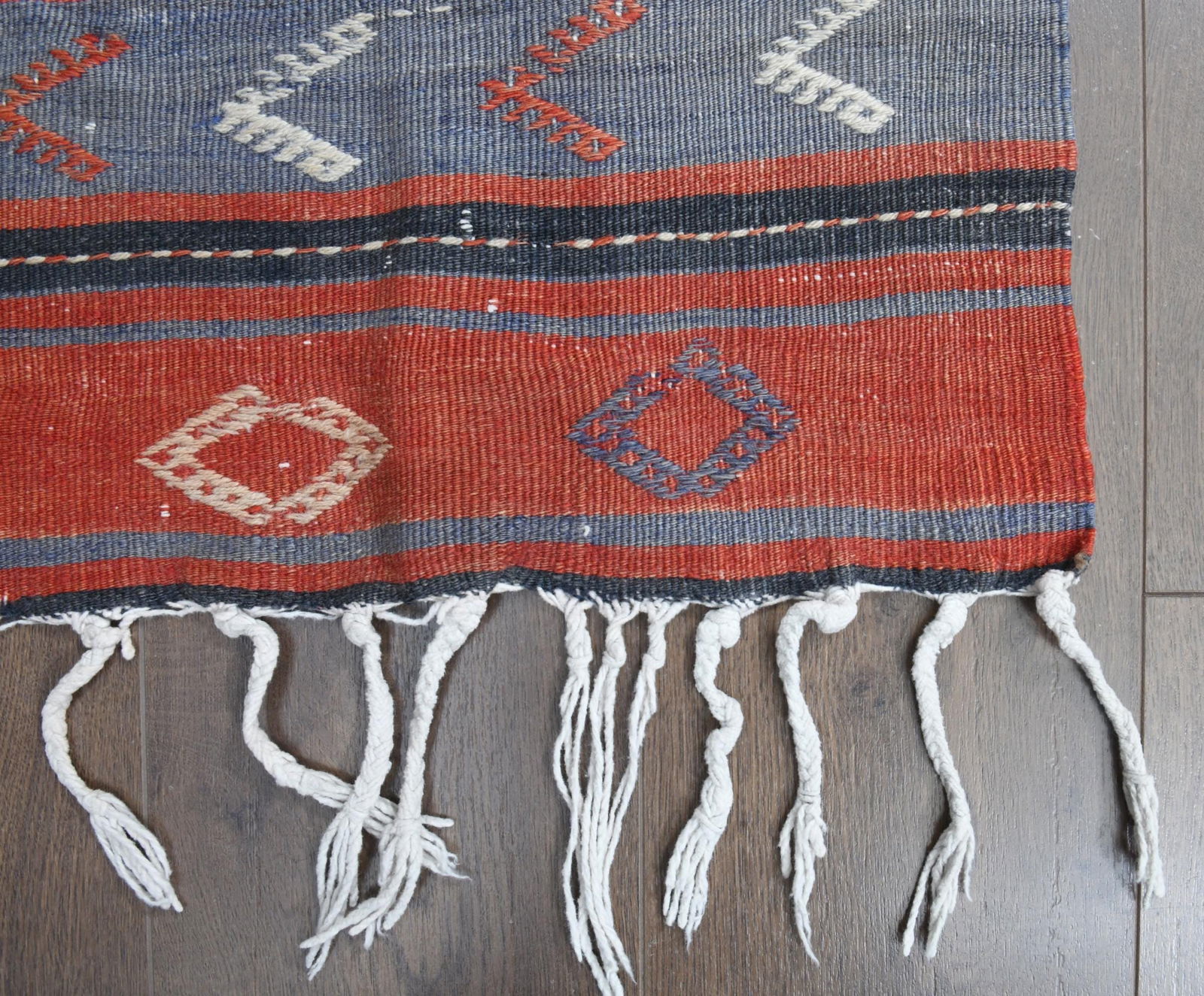2'4x11'1 ft, ORANGE BLUE STRIPED, Kilim Runner: Title: 2'4x11'1 ft, ORANGE BLUE STRIPED, Kilim Runner Description: This Turkish one-of-a-kind Vintage Flatweave Kilim Rug is hand-knotted and handwoven by the most skilled artisans who use pure wool,