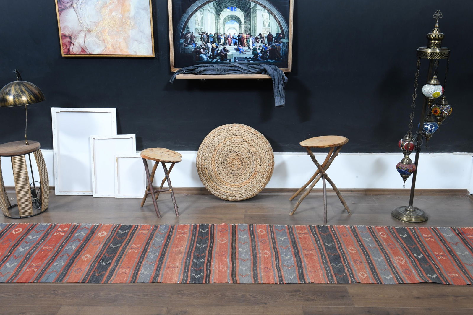 2'4x11'1 ft, ORANGE BLUE STRIPED, Kilim Runner - 2