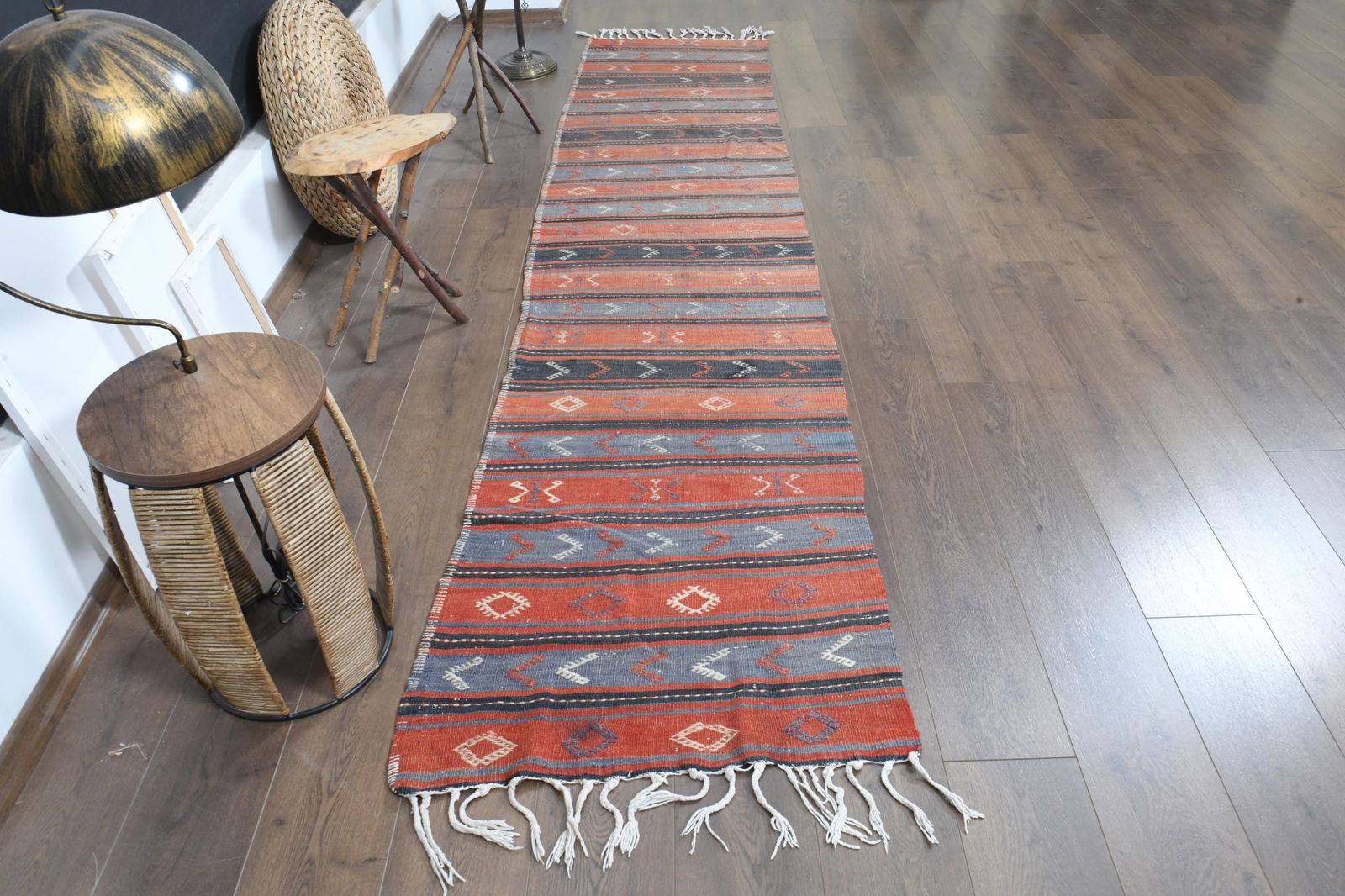 2'4x11'1 ft, ORANGE BLUE STRIPED, Kilim Runner - 3