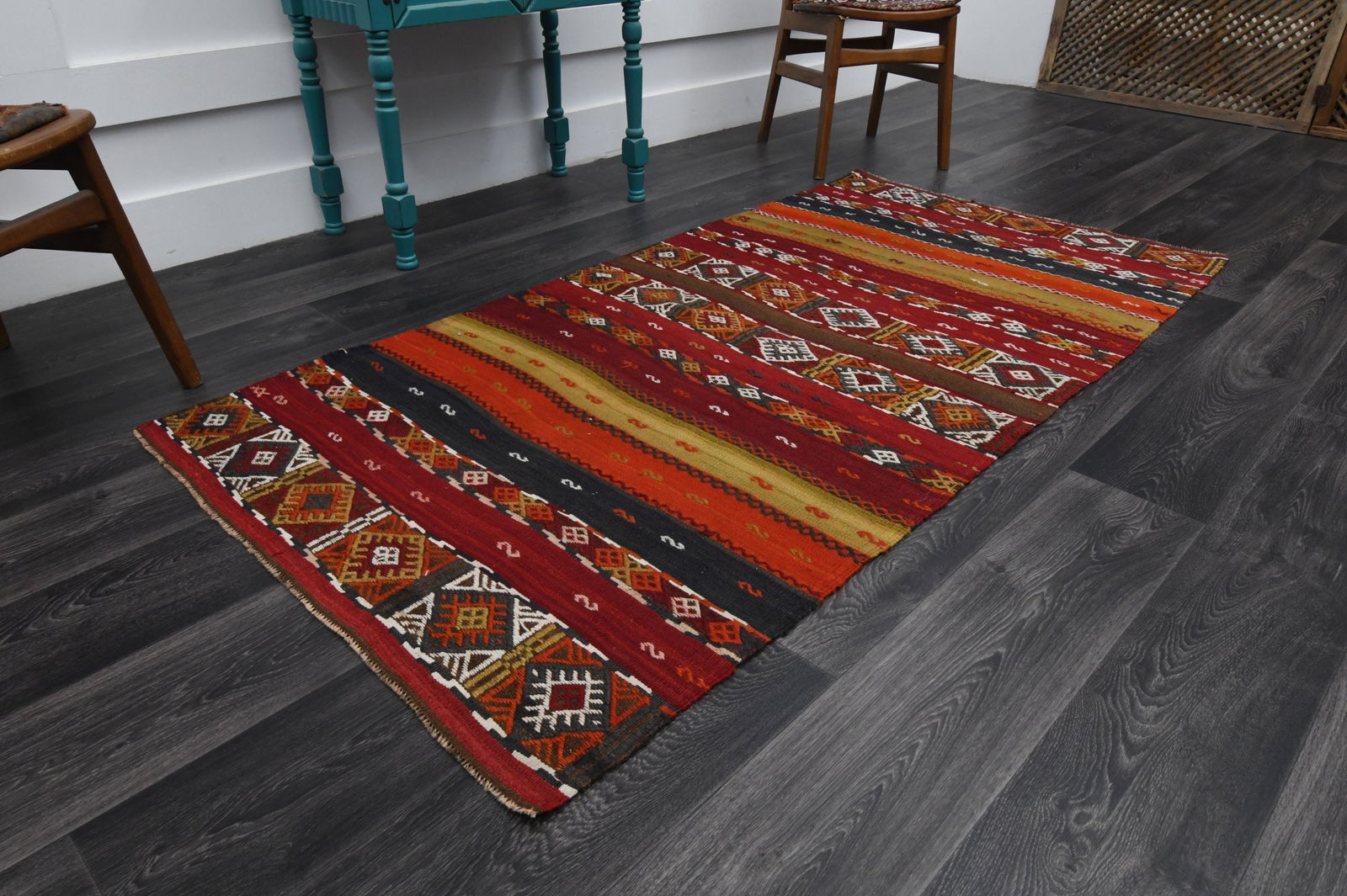 3.3x6.9 ft, TURKISH KILIM Runner, VINTAGE: Title: 3.3x6.9 ft, TURKISH KILIM Runner, VINTAGE Description: This Turkish one-of-a-kind Vintage Flatweave Kilim Rug is hand-knotted and handwoven by the most skilled artisans who use pure wool, in