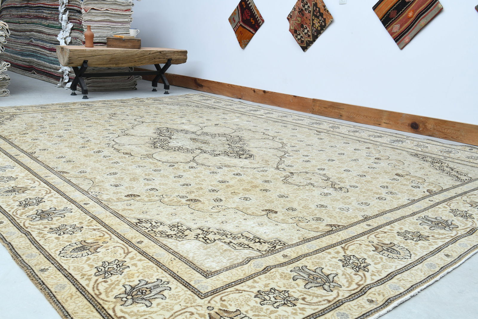 9.9x12.8 ft, OVERSIZED VINTAGE RUG: Title: 9.9x12.8 ft, OVERSIZED VINTAGE RUG Description: This Turkish one-of-a-kind Anatolian Vintage Rug is hand-knotted and handwoven by the most skilled artisans who use pure wool, in muted, natural