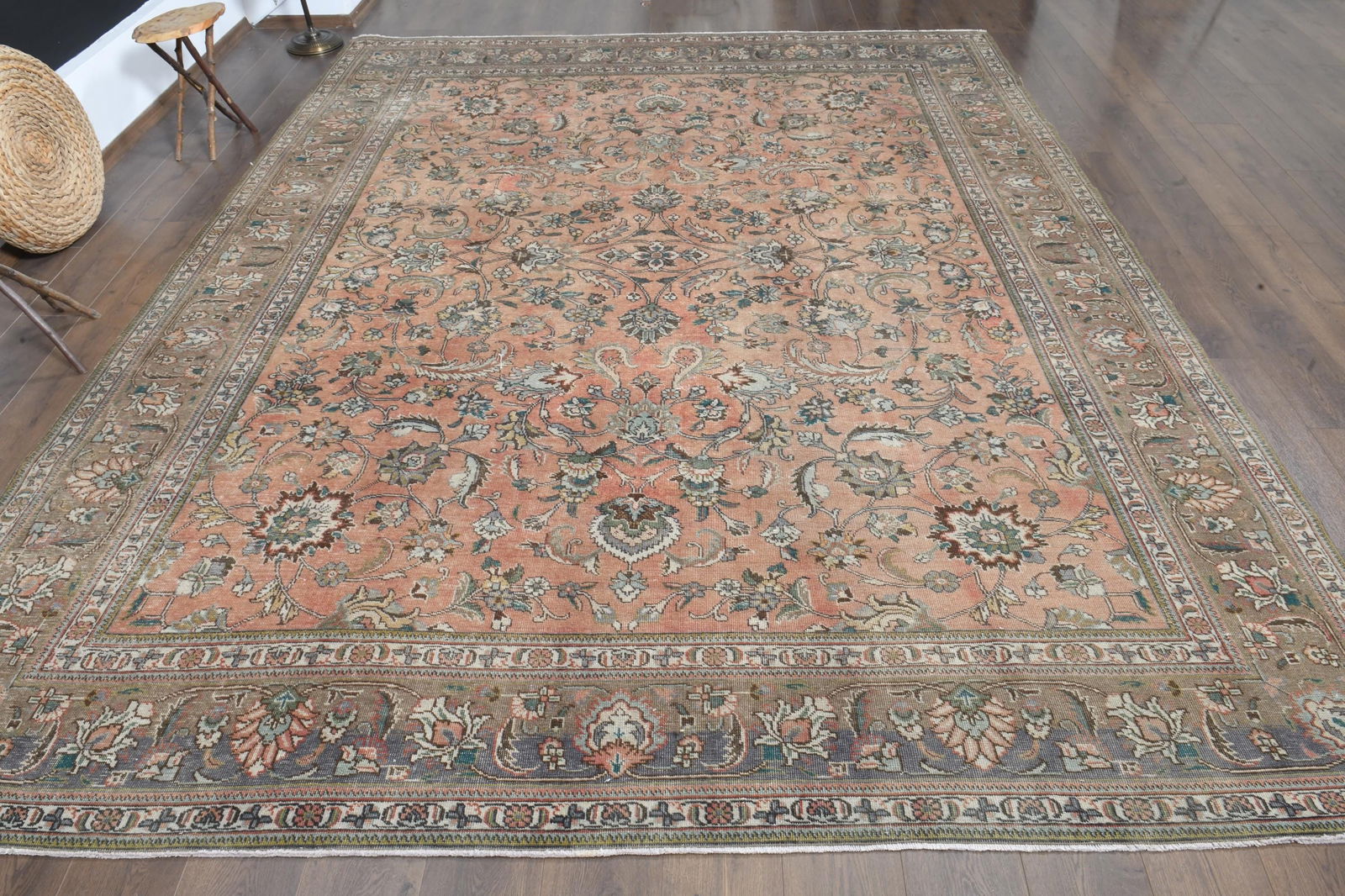 9'6x12 ft, ORANGE OVERSIZED RUG: Title: 9'6x12 ft, ORANGE OVERSIZED RUG Description: This Turkish one-of-a-kind Anatolian Vintage Rug is hand-knotted and handwoven by the most skilled artisans who use pure wool, in muted, natural