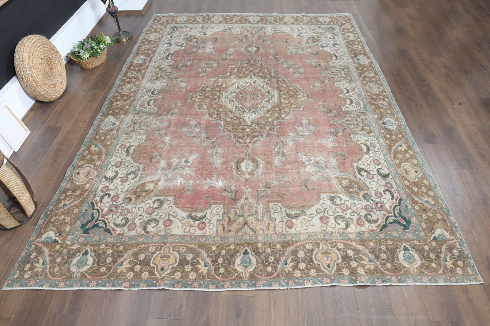 9x12'2 ft, PINK OVERSIZED RUG: Title: 9x12'2 ft, PINK OVERSIZED RUG Description: This Turkish one-of-a-kind Anatolian Vintage Rug is hand-knotted and handwoven by the most skilled artisans who use pure wool, in muted, natural tones