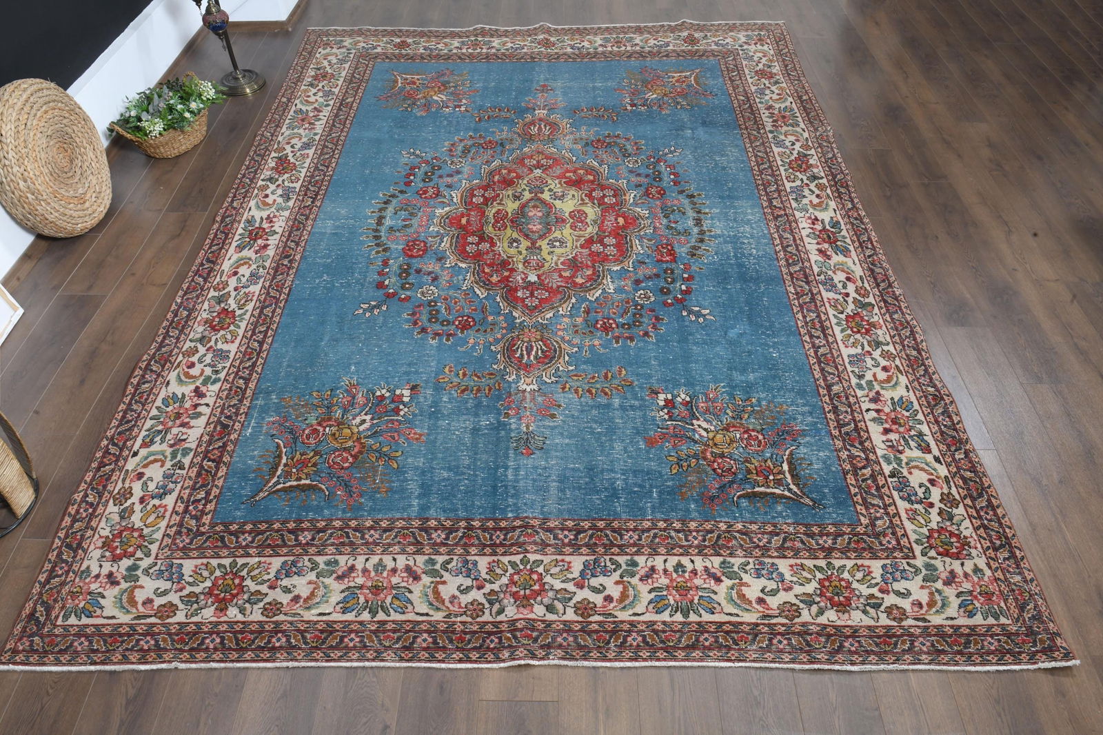 9x12'1 ft, BLUE MINIMALIST RUG: Title: 9x12'1 ft, BLUE MINIMALIST RUG Description: This Turkish one-of-a-kind Anatolian Vintage Rug is hand-knotted and handwoven by the most skilled artisans who use pure wool, in muted, natural tone