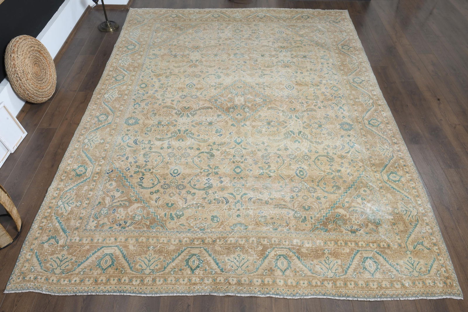 9.5x12.8 ft, PERSIAN MINIMALIST RUG: Title: 9.5x12.8 ft, PERSIAN MINIMALIST RUG Description: This Turkish one-of-a-kind Anatolian Vintage Rug is hand-knotted and handwoven by the most skilled artisans who use pure wool, in muted,