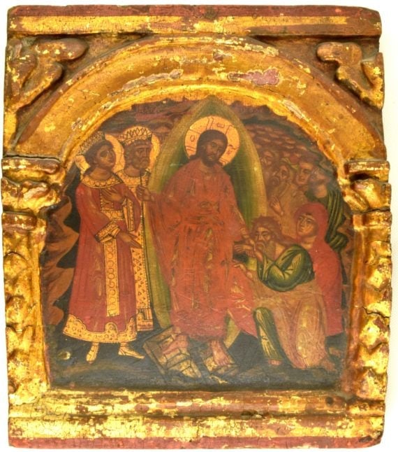 Healing the man blind from birth: Rare Russian wooden icon – Healing the man blind from birth. Wood carving on the borders of icon.Dimensions 27 × 31.3 cm Reserve: $3,000.00 Shipping:Domestic: Flat-rate of