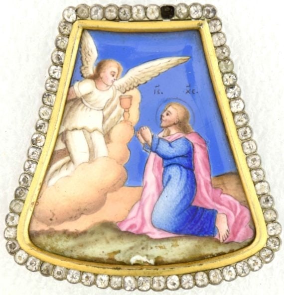 Finift. Christ on the Mount of Olives: Finift medallion for mitre of Orthodox Bishop (?). Christ on the Mount of Olives. The Grail Prayer.Dimensions 6 × 6 cm Century 19 Reserve: $800.00 