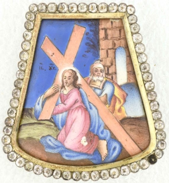 Finift. The Procession to Golgotha: Finift medallion for mitre of Orthodox Bishop (?). The Procession to Golgotha, Carrying the Cross.Dimensions 5.5 × 5.5 cm Century 19 Reserve: $800.00 