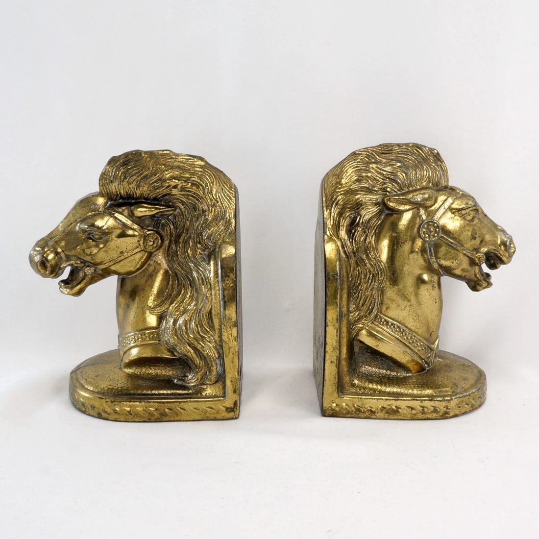 Pair 1950s Goldtone Stallion Head Bookends - 2