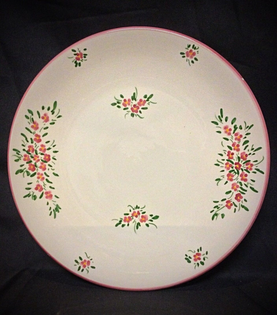 Vintage Large Faience Plate by M.B with Hand-Painted Floral Decor - 2