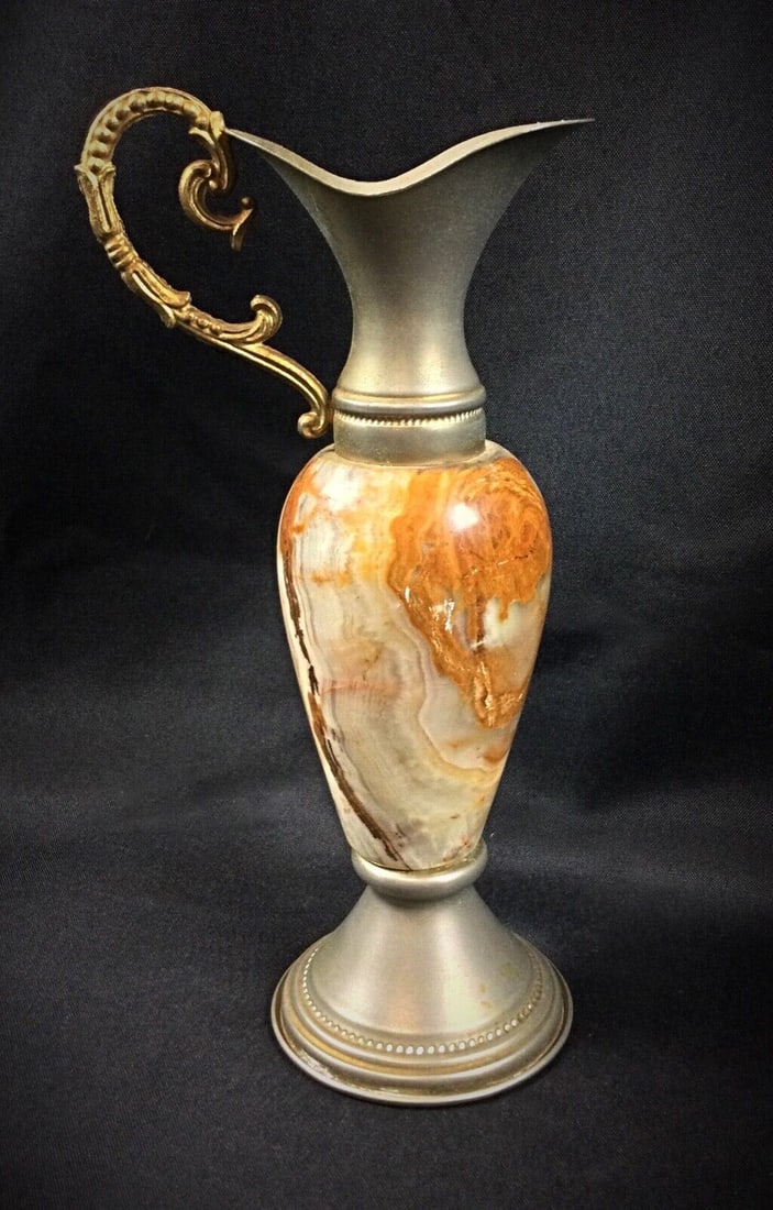 Small Marbled Onyx and Pewter Jug Vase – Elegant Decorative Piece - 2