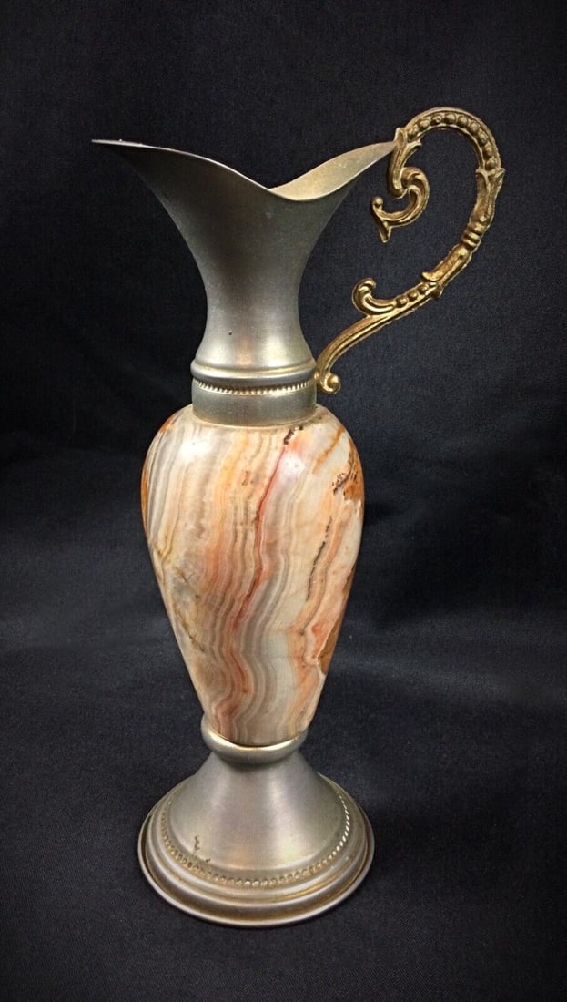 Small Marbled Onyx and Pewter Jug Vase – Elegant Decorative Piece - 4