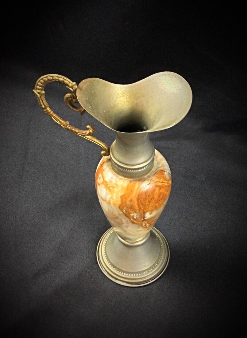 Small Marbled Onyx and Pewter Jug Vase – Elegant Decorative Piece - 9