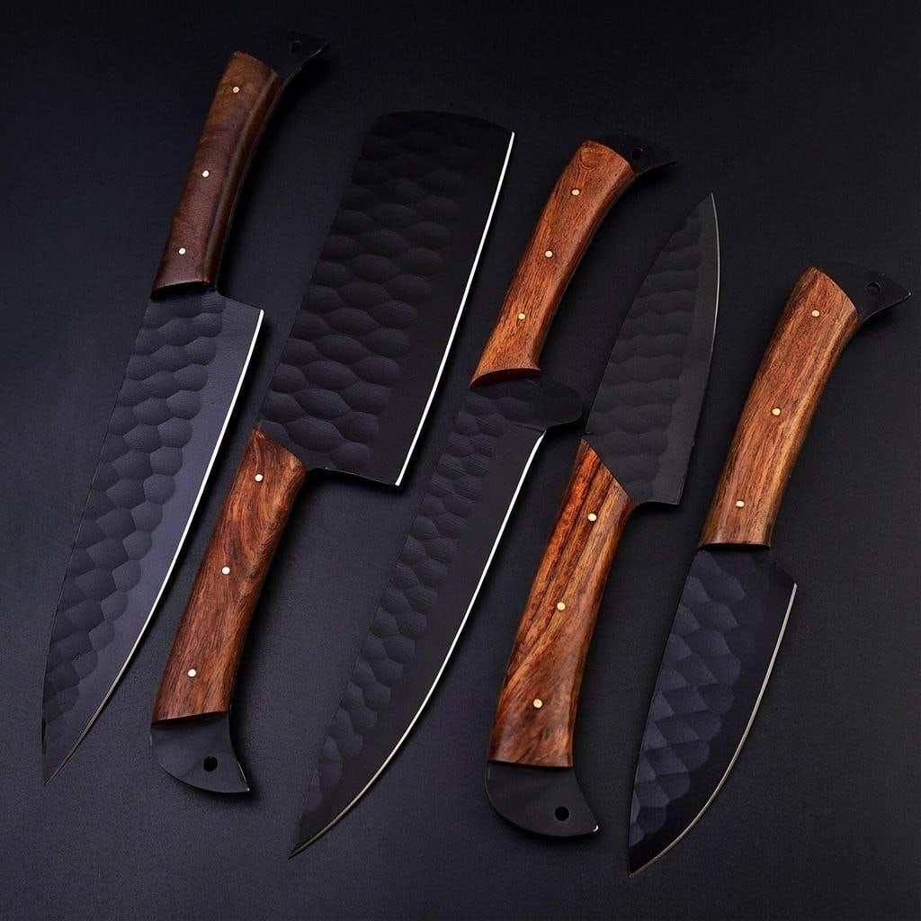 Handmade Hammered D2 Steel Chef Knife Set - 5 Piece Full Tang Kitchen Knives - 3