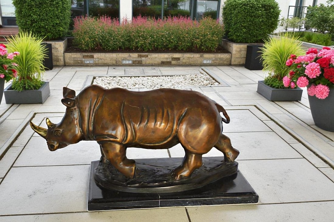 Rhino Bronze Statue Mounted on a Marble Base - Size: 21"L x 9"W x 10"H. - 12