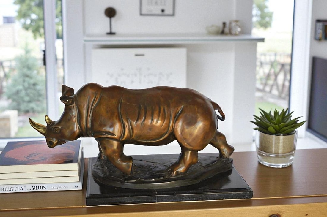 Rhino Bronze Statue Mounted on a Marble Base - Size: 21"L x 9"W x 10"H. - 13