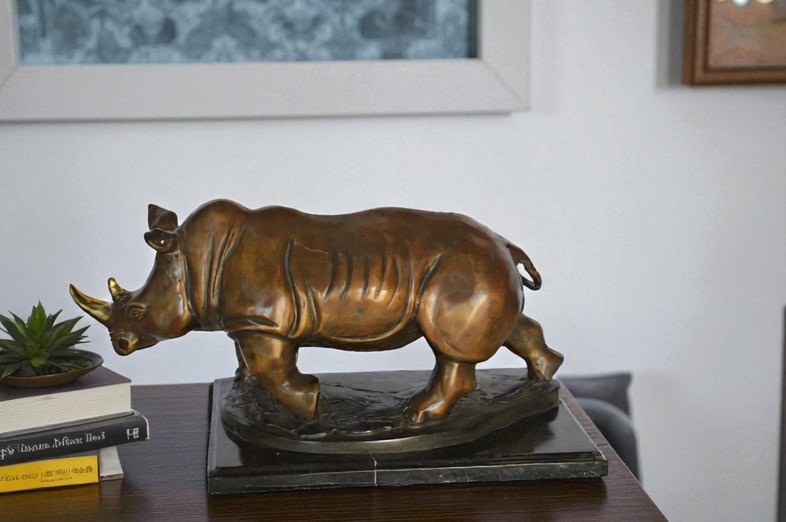Rhino Bronze Statue Mounted on a Marble Base - Size: 21"L x 9"W x 10"H. - 14