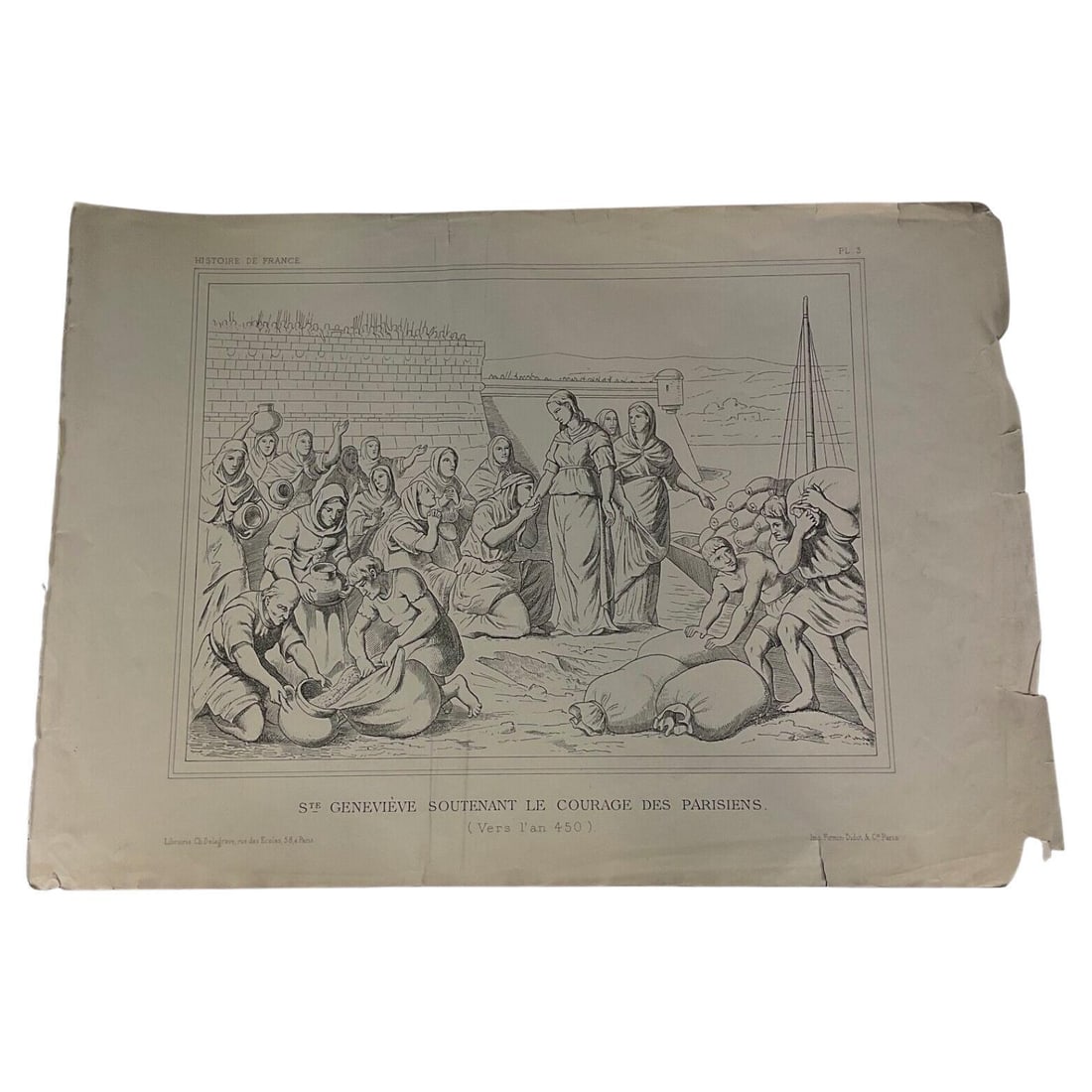 Late 19th-C. French Engraving, "St. Geneviève Inspiring Parisians": Title:Late 19th-C. French Engraving, "St. Geneviève Inspiring Parisians"Origin:FranceDimension:Height: 20.48 in (52 cm)Width: 15.36 in (39 cm)Depth: 0.2 in (5 mm)Materials:PaperYear:Late 19th