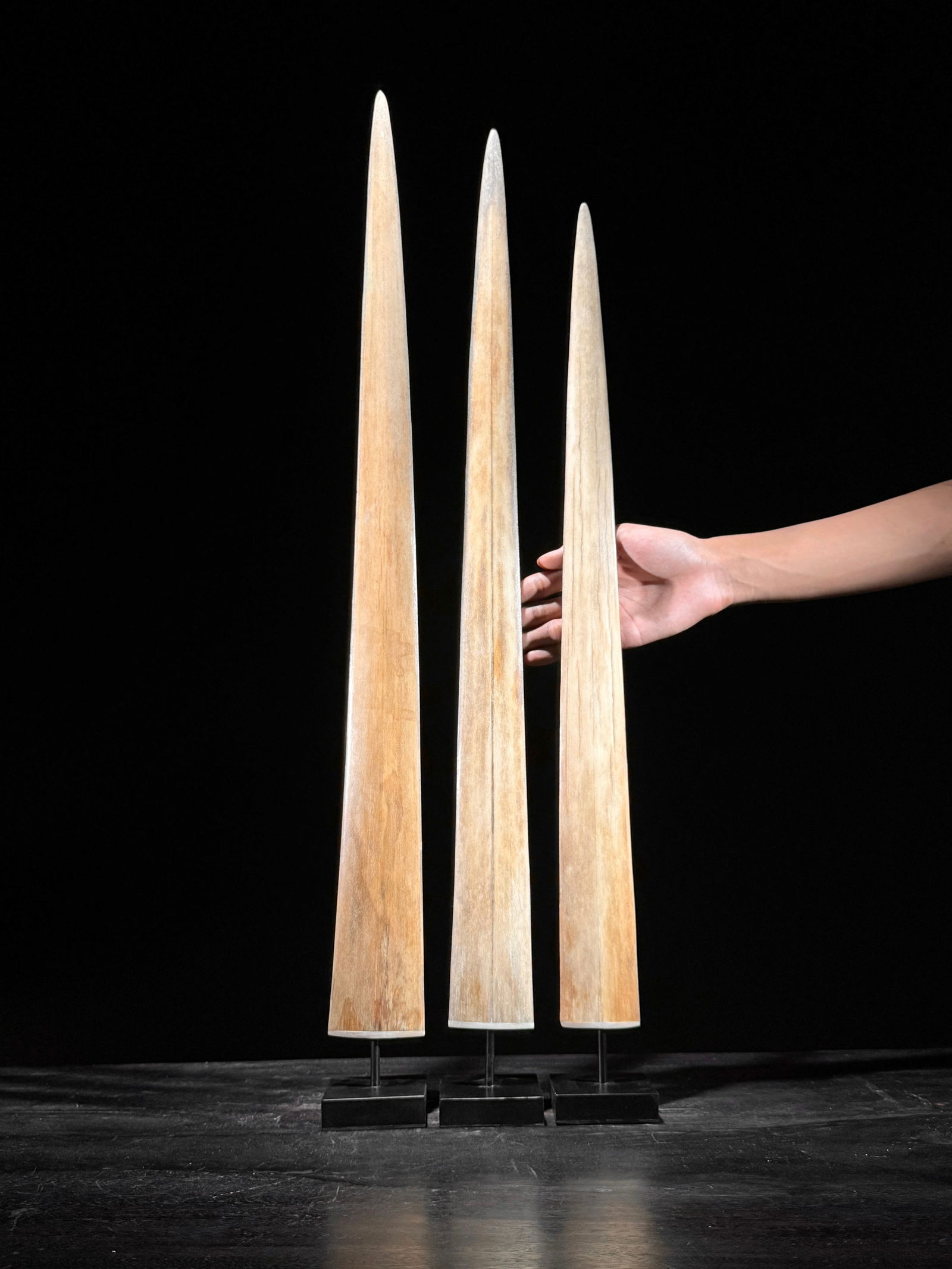 Swordfish tusk trio with custom stands: Title:Swordfish tusk trio with custom standsMaker:UnknownOrigin:IndonesiaDate/Period:2025Materials:Xiphius Gladius, Bone, SteelDimensions:Height including stand: Tusk 1: 76 cm / 39.9 inches Tusk 2:
