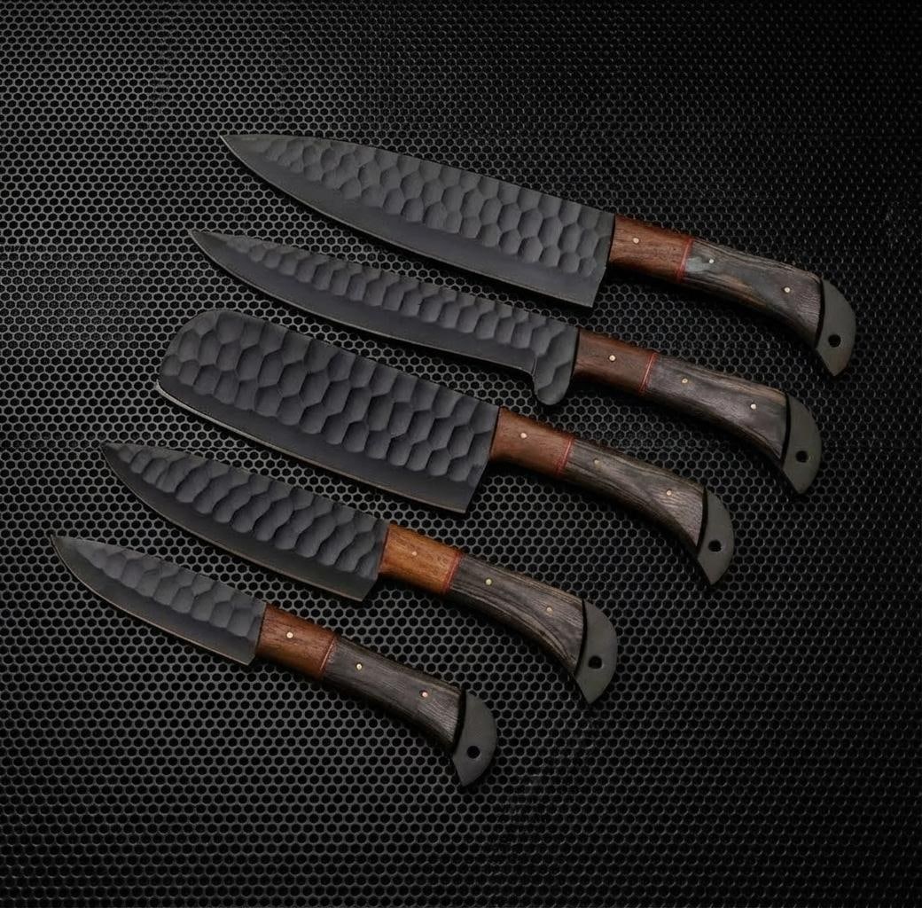 Hand Forged Carbon Steel Chef Knife Set, 5-Piece Kitchen Knives with Wood Handles: Title:Hand Forged Carbon Steel Chef Knife Set, 5-Piece Kitchen Knives with Wood Handles Description:This is a five-piece set of hand-forged kitchen knives crafted for durability and performance. Each