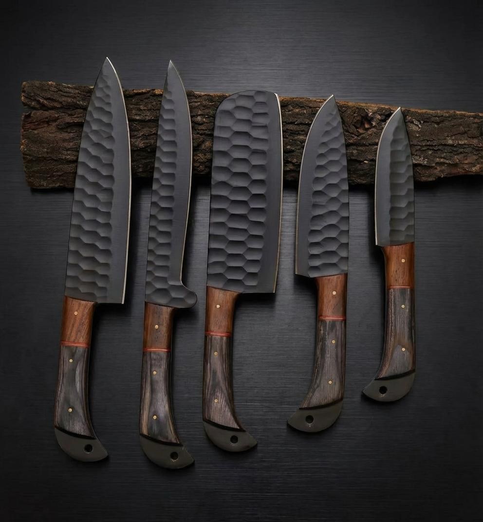 Hand Forged Carbon Steel Chef Knife Set, 5-Piece Kitchen Knives with Wood Handles - 3