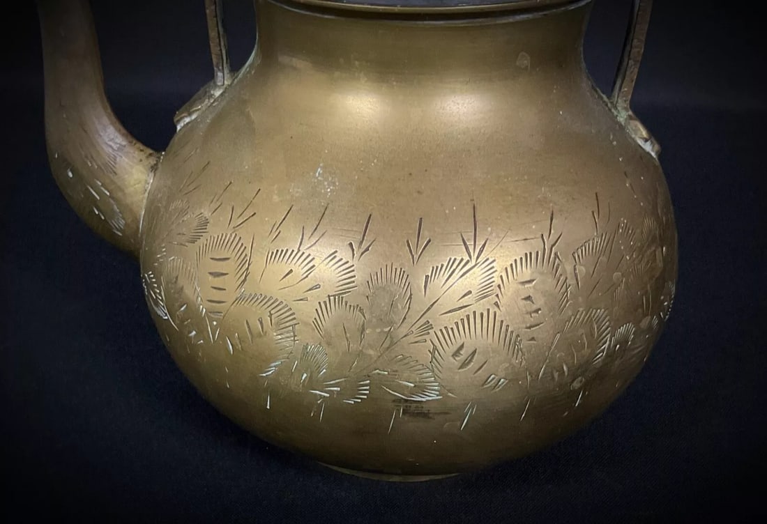 Vintage Brass Teapot with Etched Design, Indian, 20th Century - 3
