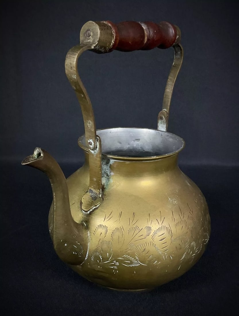 Vintage Brass Teapot with Etched Design, Indian, 20th Century - 8