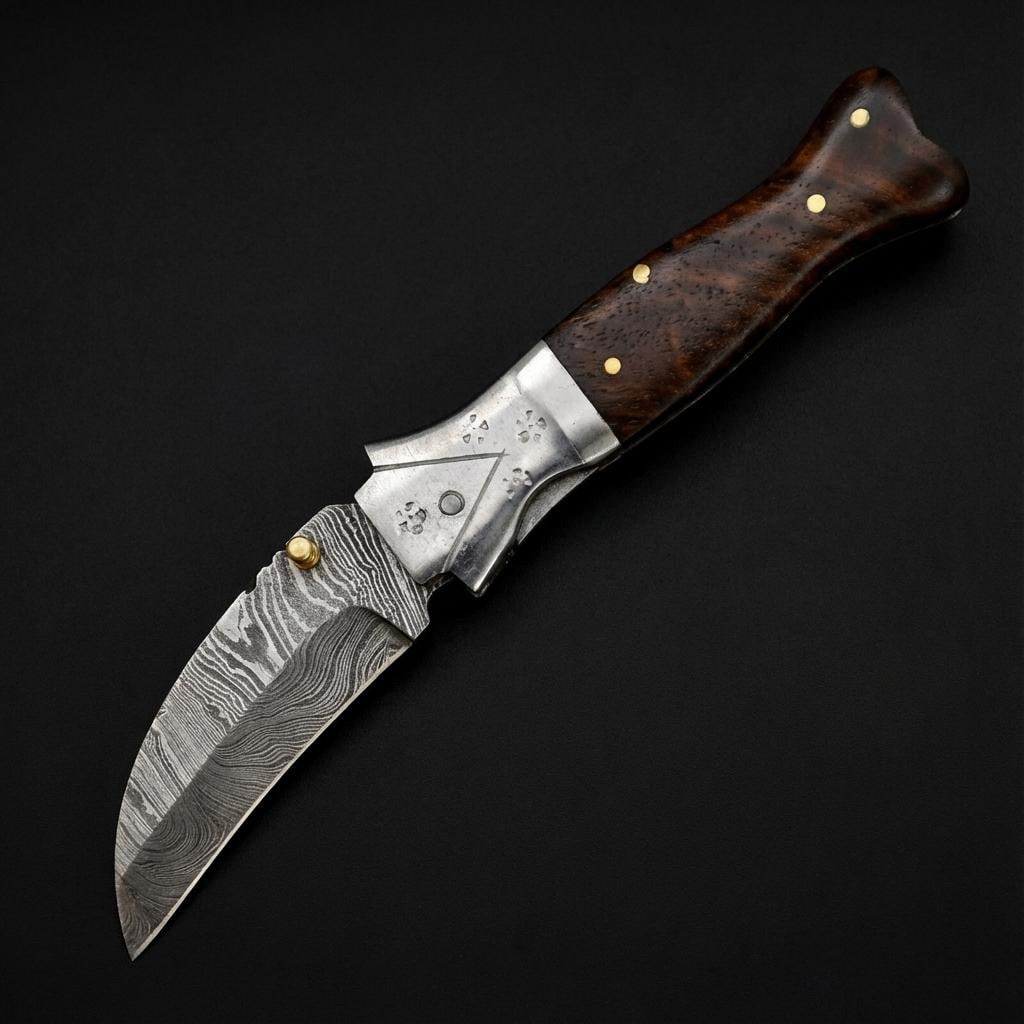 Hand Forged Damascus Steel Folding Pocket Knife with Wood Handle EDC (1 of 3)