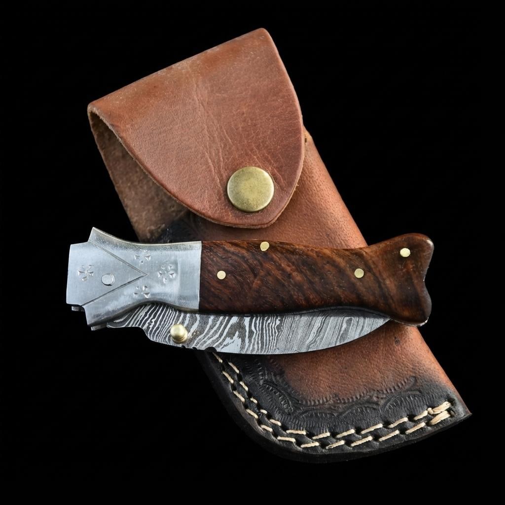 Hand Forged Damascus Steel Folding Pocket Knife with Wood Handle EDC - 3