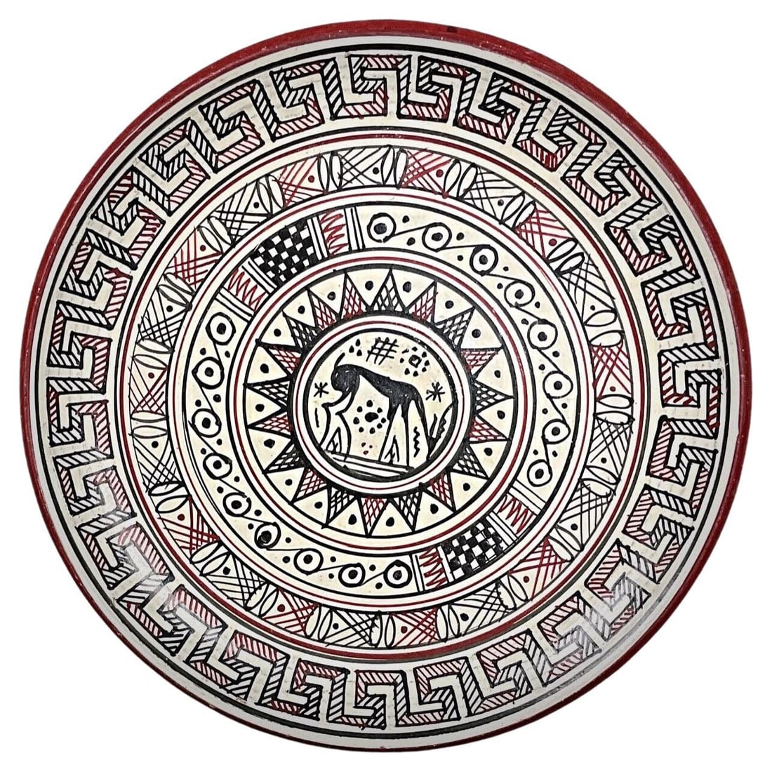 Charming Handmade Rhodes Museum Replica Plate in 750 B.C. Geometric: Title:Charming Handmade Rhodes Museum Replica Plate in 750 B.C. GeometricOrigin:FranceDimension:Height: 0.4 in (1 cm)Diameter: 5.91 in (15 cm)Materials:CeramicYear:2000sDescription:This beautifully