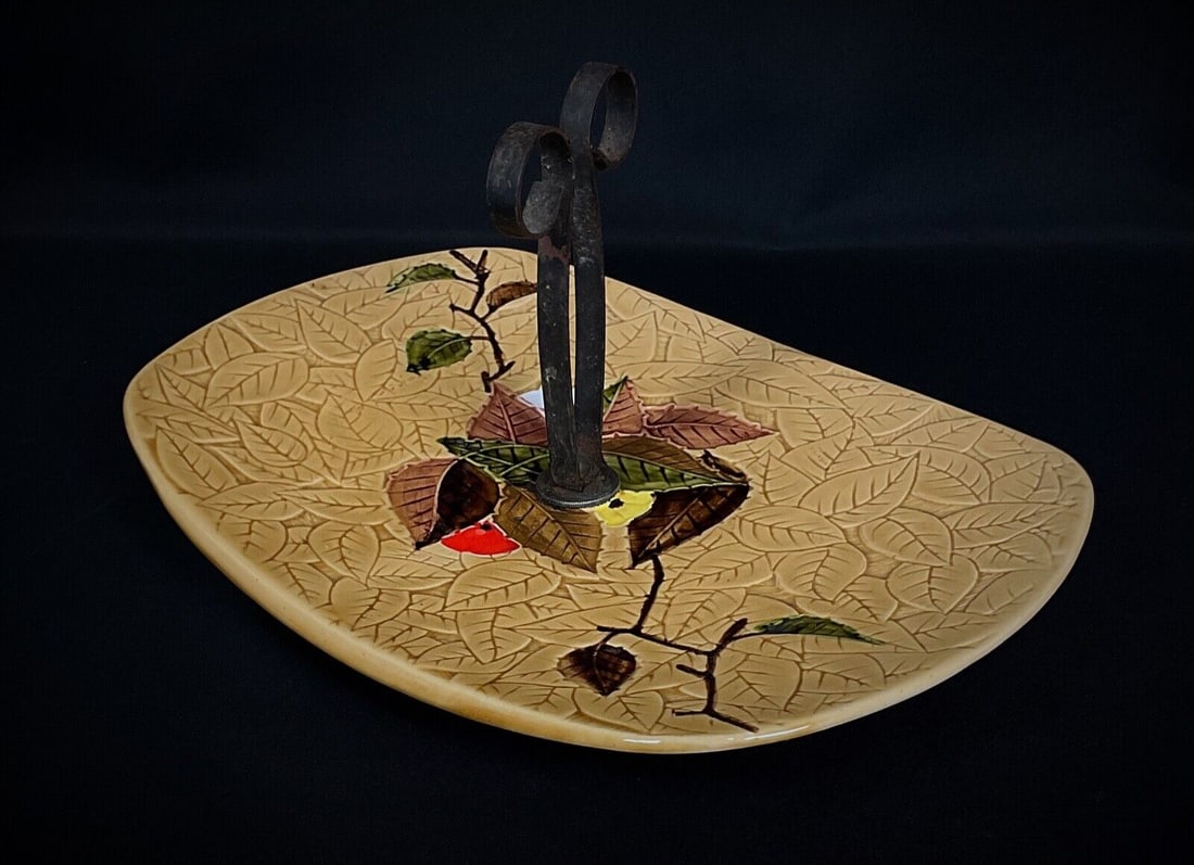 Vintage 20th-Century Ceramic Cheese Serving Platter with Fruit and Leaf - 2