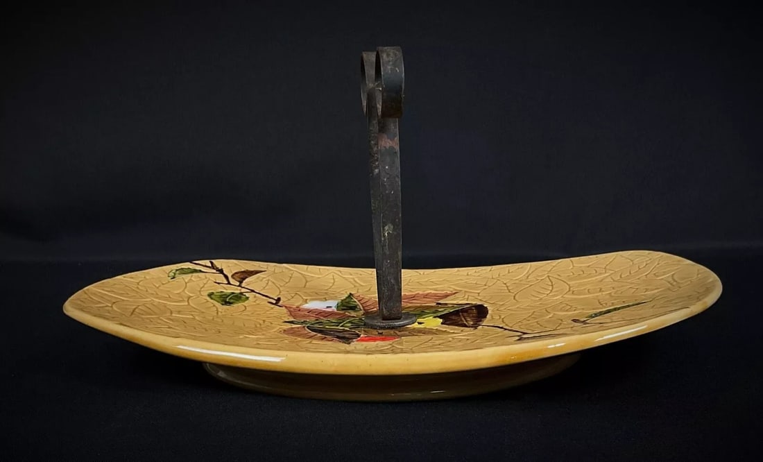 Vintage 20th-Century Ceramic Cheese Serving Platter with Fruit and Leaf - 3