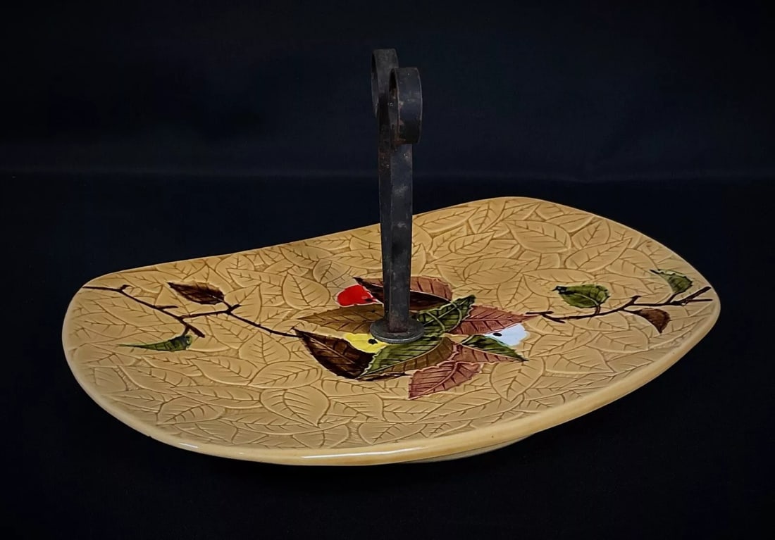 Vintage 20th-Century Ceramic Cheese Serving Platter with Fruit and Leaf - 6