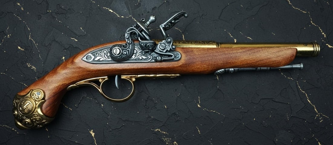 French 18th Century Flintlock Pistol Collectible model Spanish Wood and Metal Decor: Title:French 18th Century Flintlock Pistol Collectible model Spanish Wood and Metal Decor Description:This detailed collectible showcases the elegant design of a French flintlock pistol from the 18th