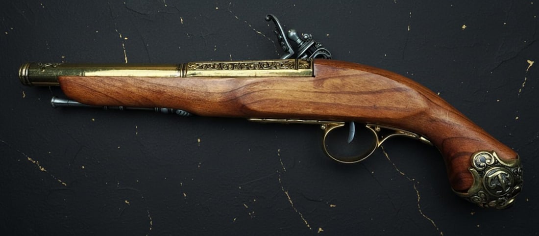 French 18th Century Flintlock Pistol Collectible model Spanish Wood and Metal Decor - 2