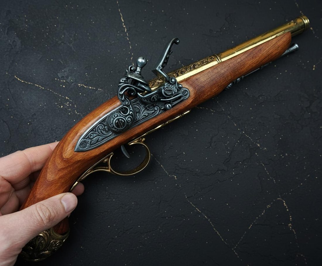 French 18th Century Flintlock Pistol Collectible model Spanish Wood and Metal Decor - 5