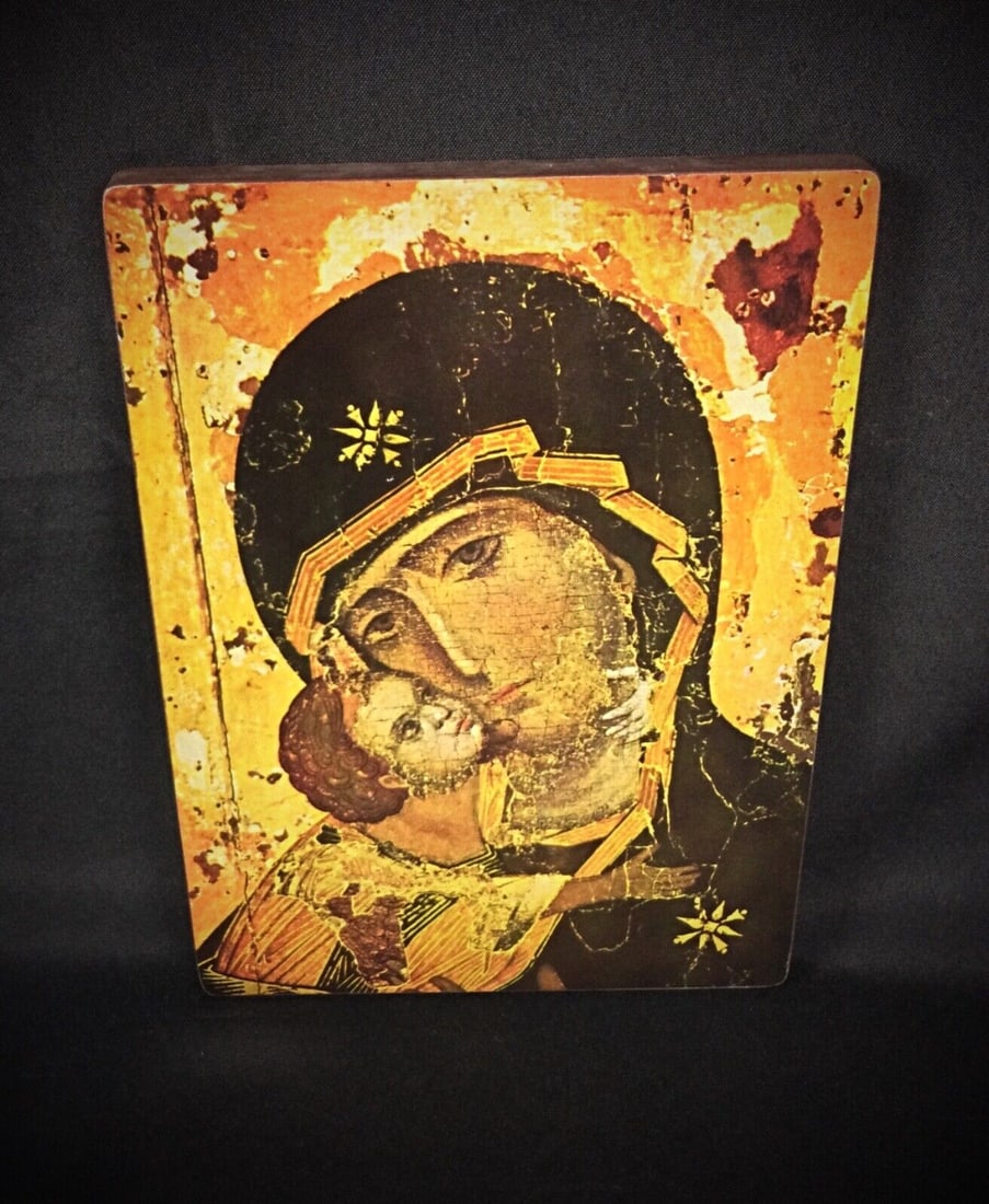 Antique Hanging Image of the Virgin Vladimir – Religious Artwork - 2