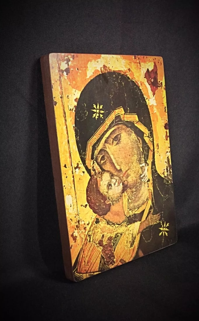 Antique Hanging Image of the Virgin Vladimir – Religious Artwork - 4